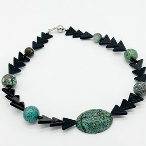 Handmade Turquoise & Onyx Chunky Statement Necklace - Western Boho Gemstone